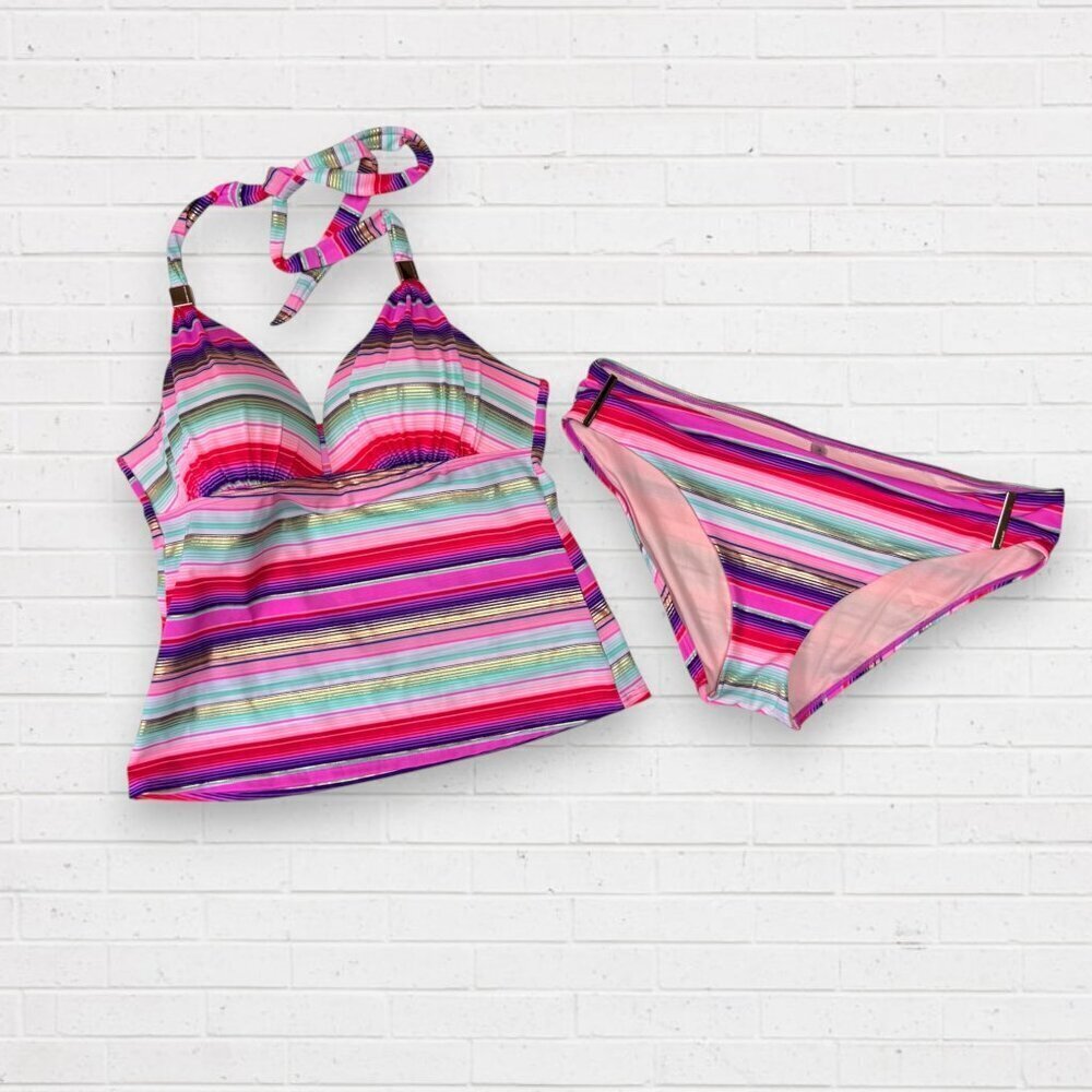 Victoria's Secret Y2K Stripe Tankini Bikini 2PC Swim Set Halter Padded Cups L XL